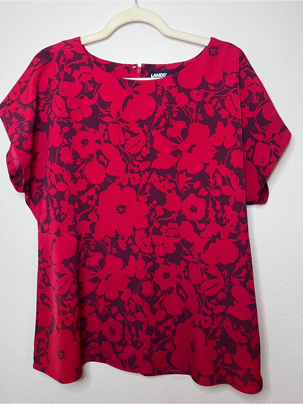 Lands' End Red and Black Floral Short Sleeve Blouse